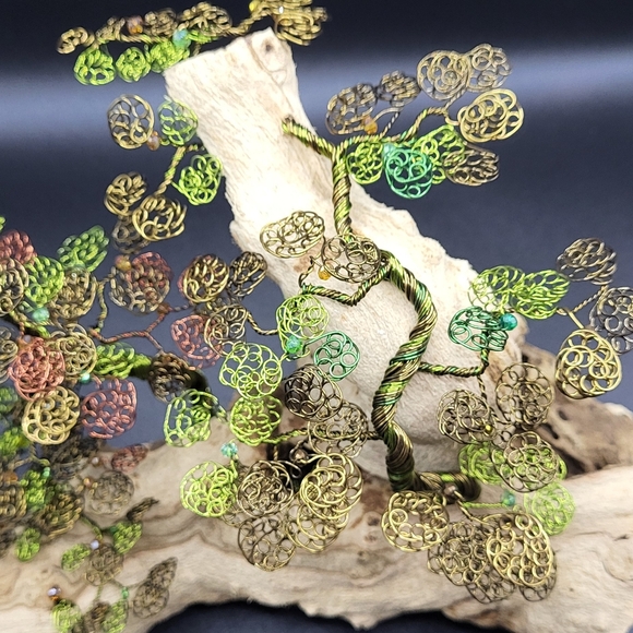 Bonsai Wire Tree , Joshua Tree of Life Copper & Green Wire on Driftwood - Picture 6 of 9